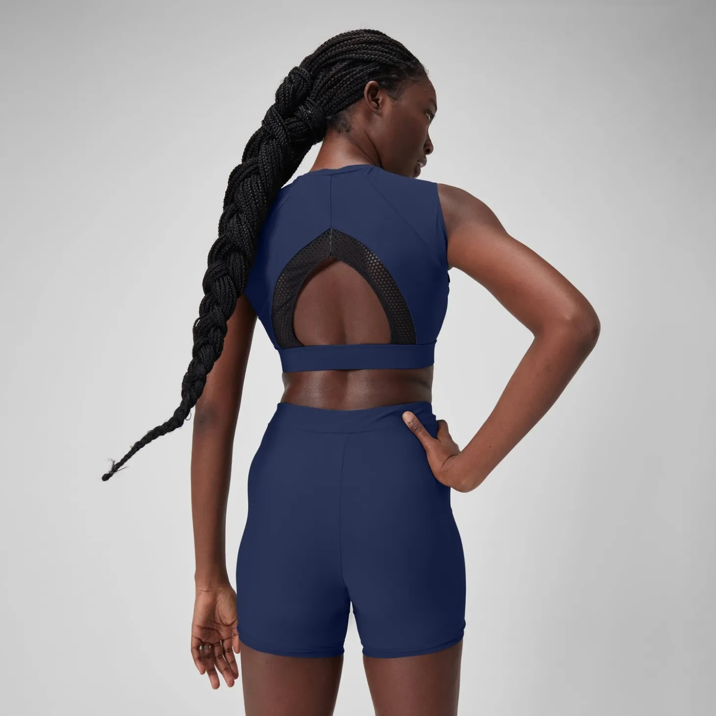 Cheap Crop top uni avec maille filet pour Femmes Bleu céruléen Femme Maillots 2 Pièces