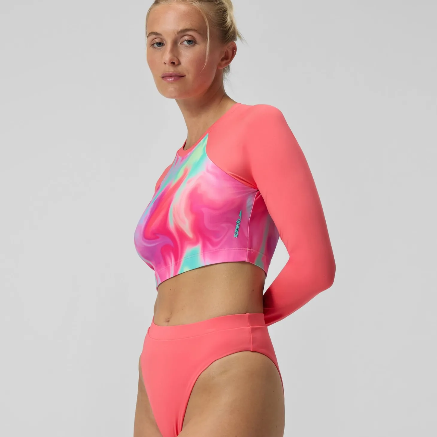 Best Haut de bikini Femme FLU3NTE à manches longues imprimé rose/corail Femme Maillots 2 Pièces