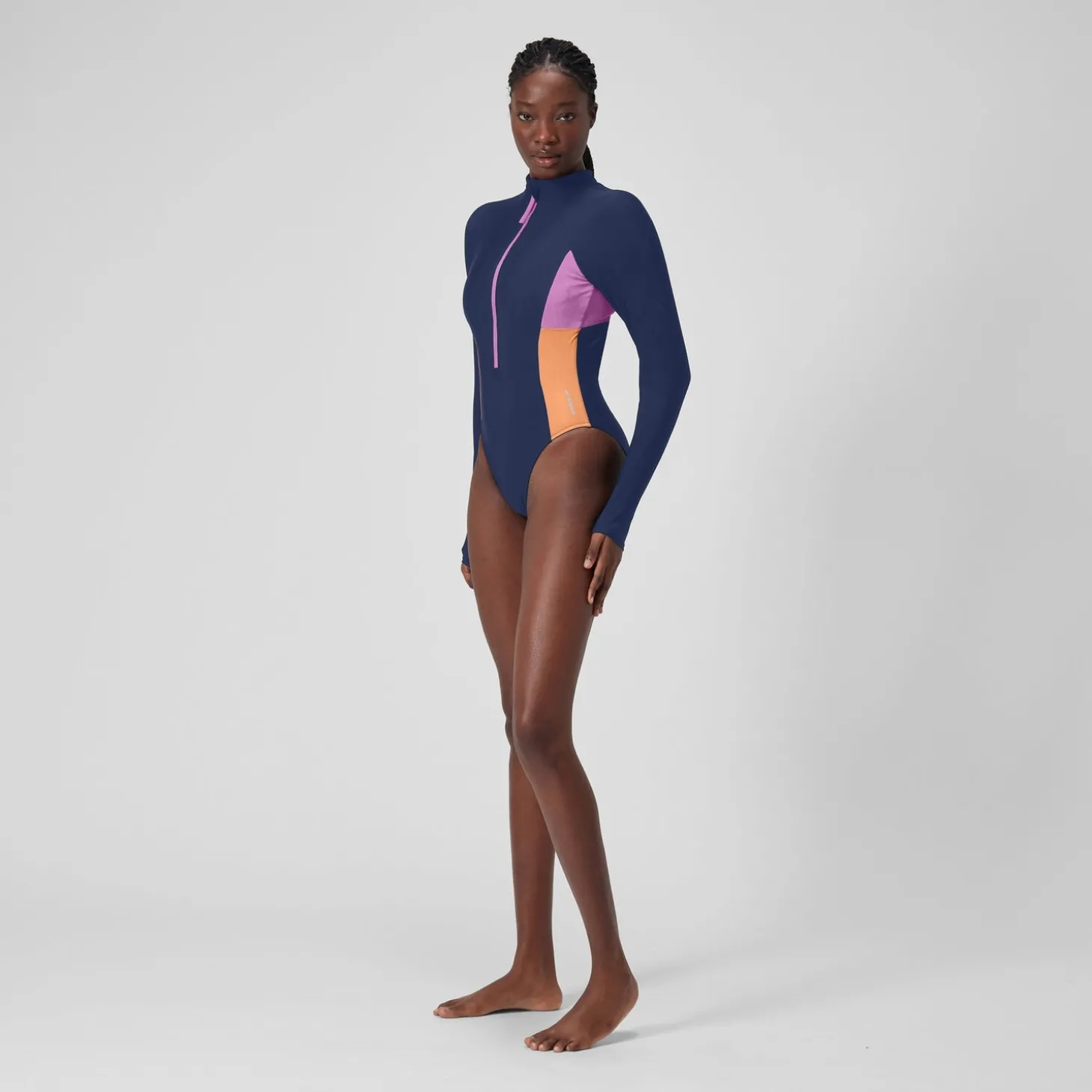 New L/S 1 pièce color-block zippé pour Femmes Bleu céruléen Femme Maillots 1 Pièce