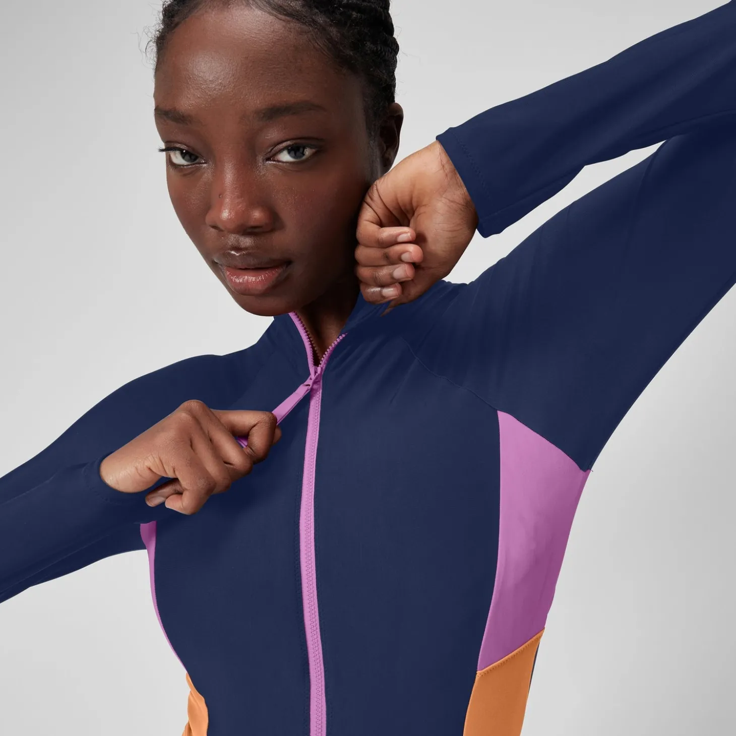 New L/S 1 pièce color-block zippé pour Femmes Bleu céruléen Femme Maillots 1 Pièce