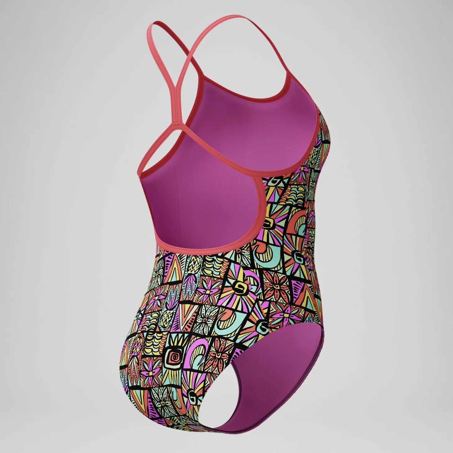 New Maillot de bain Fille Club Training dos en V imprimé noir/corail Enfant Maillots De Bain