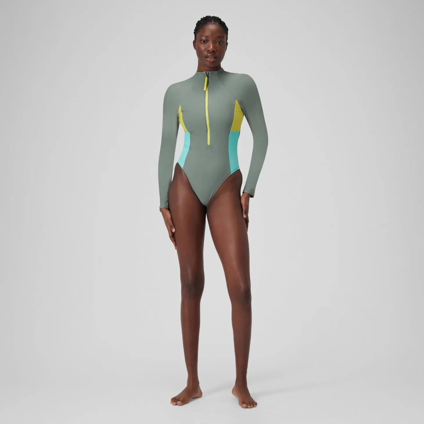 Discount Maillot de bain zippé à manches longues Colorblock Femme vert Femme Maillots 1 Pièce