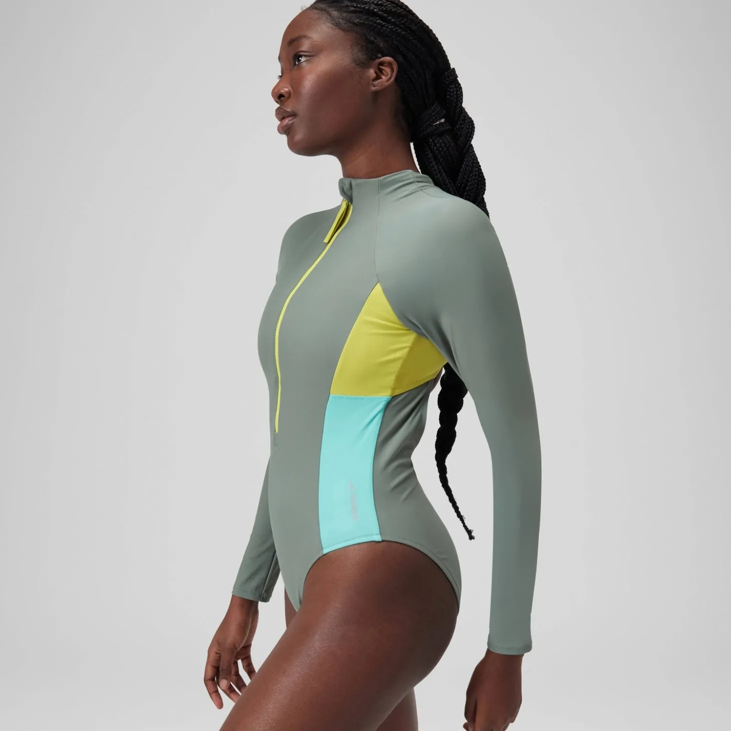 Discount Maillot de bain zippé à manches longues Colorblock Femme vert Femme Maillots 1 Pièce