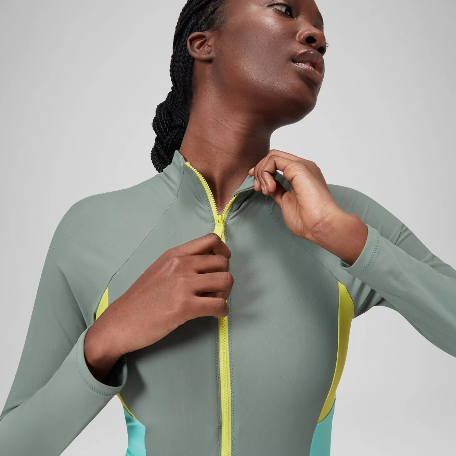 Discount Maillot de bain zippé à manches longues Colorblock Femme vert Femme Maillots 1 Pièce